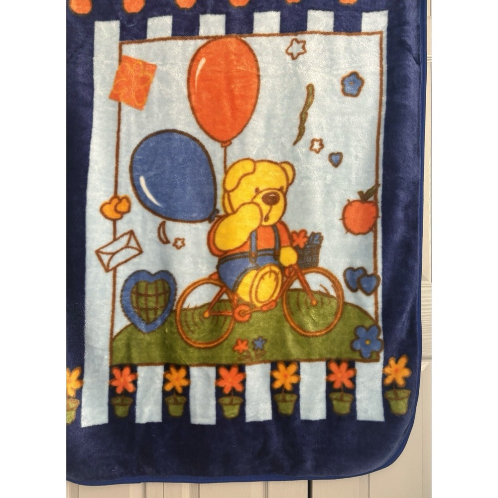 Vintage Baby Blanket‎ Mink Plush Deep Blue Teddy Bear Riding Bicycle 52"x40" - Picture 3 of 10